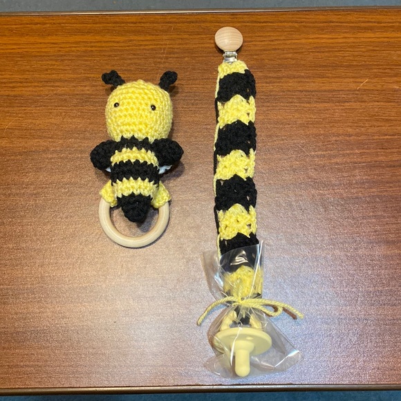 Other - Handmade Crocheted Bee Rattle and Pacifier Holder